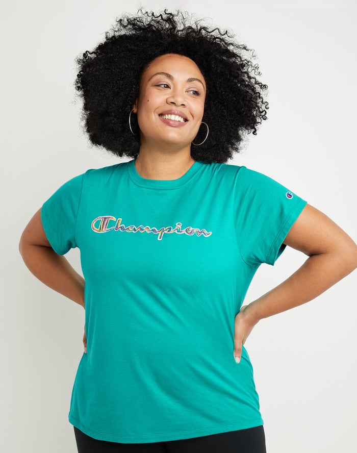 Champion Plus Classic Brush Stroke Script Logo T-Shirt Dames - Turquoise - Belgie 6730JELUZ